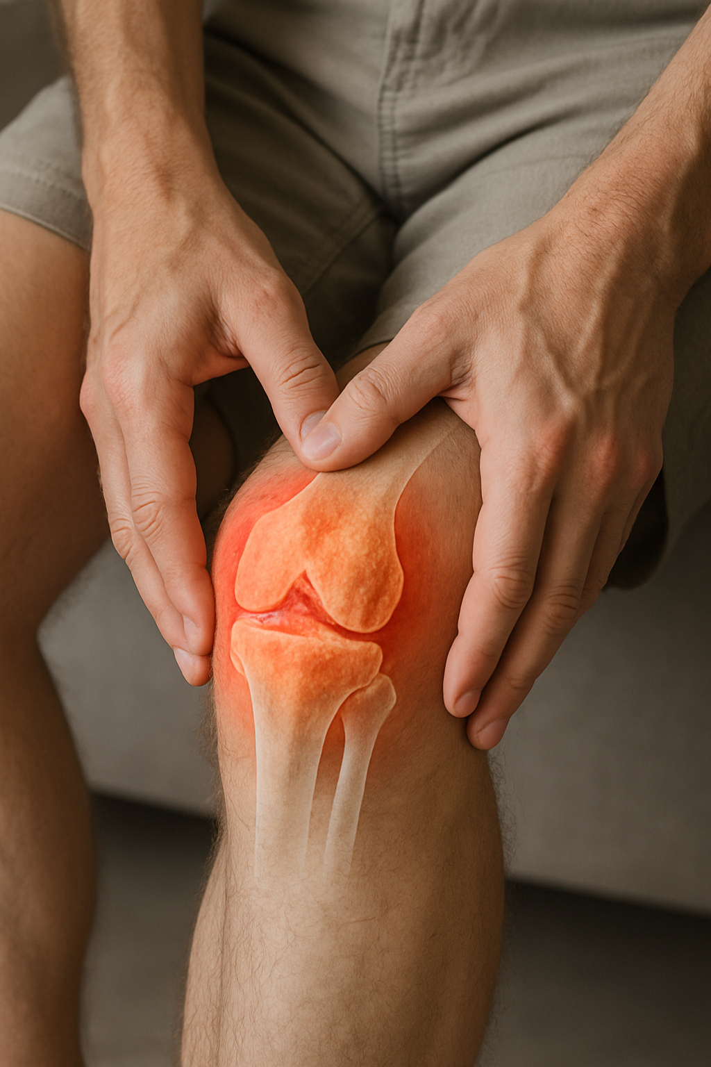 projectie knie artritis man met handen op knie