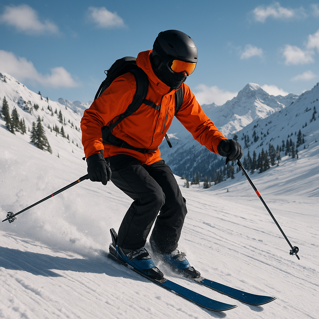 skier op de berg met helm en blauwe ski's